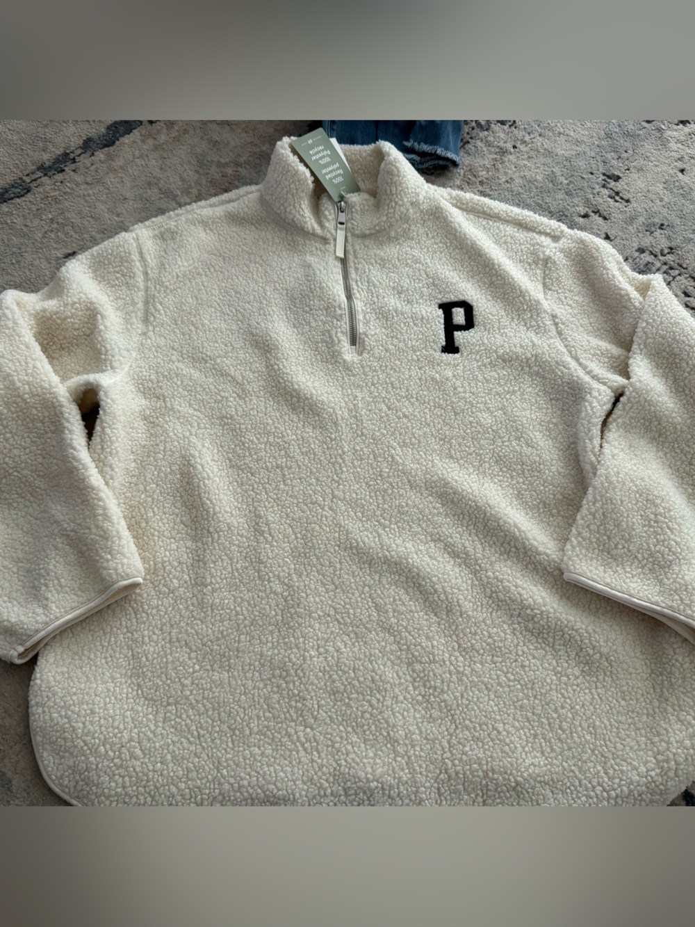 H&M Cream Sherpa Half-Zip Pullover with Black 'P' Embroidery